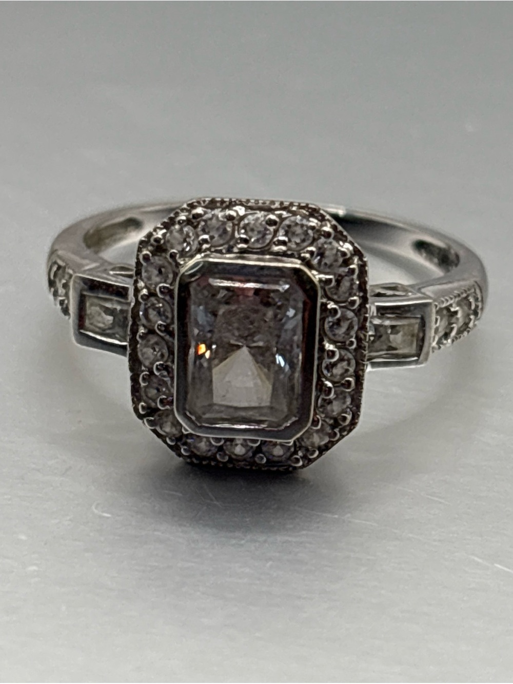 3.4 TCW Emerald Cut Moissanite Bezel Halo Engagement Ring 14K White Gold Sz 8